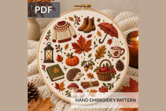 Fall embroidery patterns featuring a hedgehog, pumpkin, leaves, acorns, mushrooms, and cozy autumn motifs in a hoop