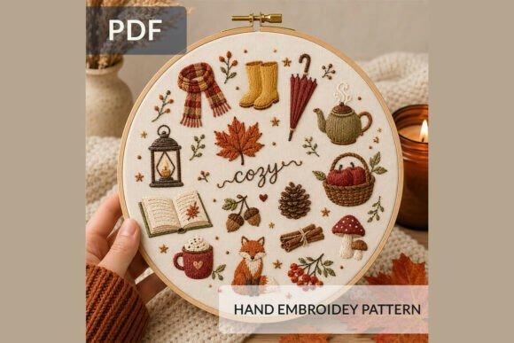 Fall embroidery patterns featuring a cozy autumn design with fox, rain boots, umbrella, teapot, lantern, book, leaves