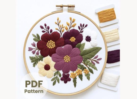 Fall embroidery patterns featuring a bouquet-style autumn floral design with burgundy, purple, cream flowers and green