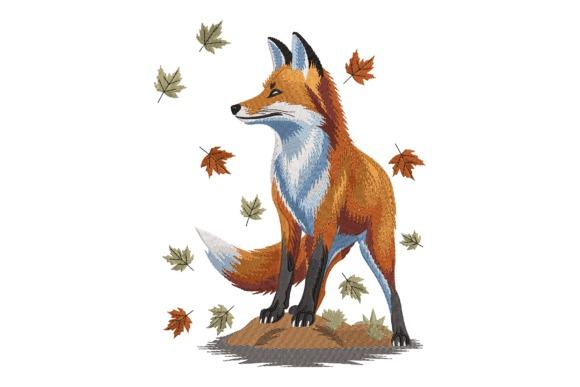 Autumn fox embroidery design surrounded by falling leaves for fall embroidery designs