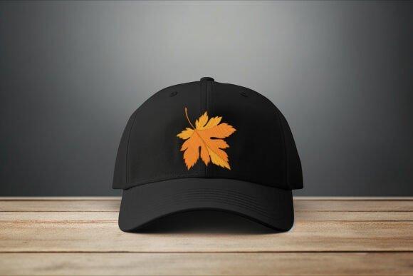 Black cap with an orange embroidered autumn leaf design representing fall embroidery designs