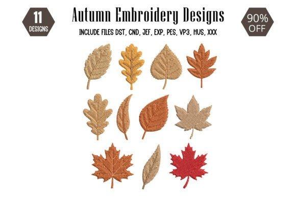 fall leaf embroidery designs featuring various autumn leaves including maple and oak in brown, orange, and red tones
