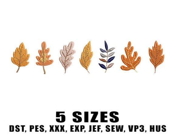 Fall leaf embroidery designs in five sizes with various leaf shapes in autumn colors