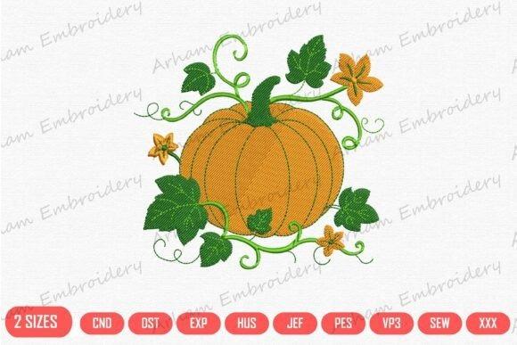 Fall embroidery designs featuring an autumn pumpkin with green leaves and orange blossoms