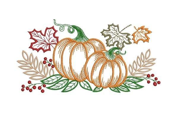 Pumpkin embroidery designs featuring two pumpkins with autumn leaves and berries in fall colors