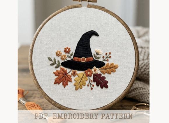 Fall embroidery patterns featuring a black witch hat with autumn leaves and flowers stitched in warm colors