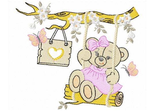 Baby embroidery ideas for clothes featuring a teddy bear on a swing with pink dress and butterflies