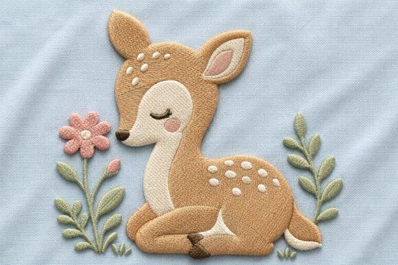 Sleeping baby deer embroidery with floral and botanical accents on light blue fabric — baby embroidery ideas for clothes