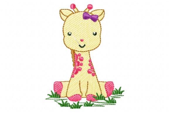 Baby giraffe embroidery design with pink spots and bow on grass for baby embroidery ideas for clothes