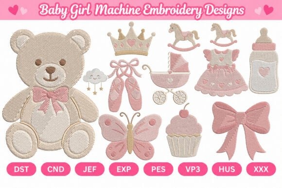 Etsy embroidery files for machine embroidery projects featuring baby girl motifs including teddy bear, crown, rocking horse