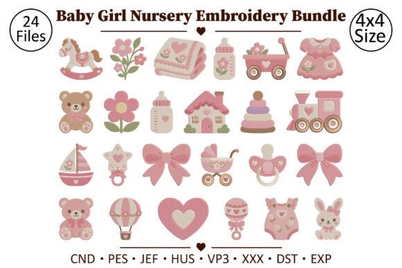 Etsy embroidery files for machine embroidery projects featuring baby girl nursery themed icons including teddy bears