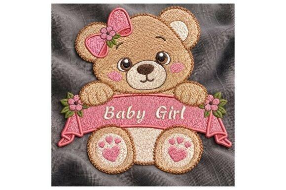 Teddy bear embroidery with pink bow, flowers, rosy cheeks, heart-shaped paw details, and a pink ribbon banner reading Baby