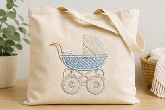 Baby pram embroidery design on beige tote bag showcasing baby embroidery ideas for clothes