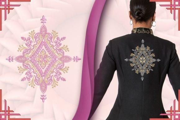 Embroidered jacket with large two-color back motif design in gold and silver threads