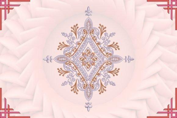 Intricate embroidered jacket design with symmetrical floral and geometric patterns in brown and gray tones