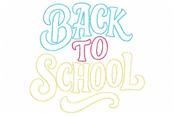 Back to School kids embroidery designs with colorful stitched text in blue, red, and yellow