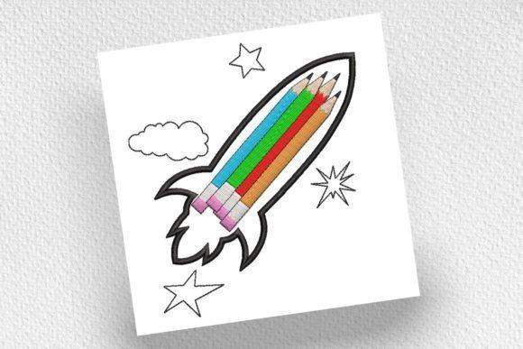 Kids embroidery designs featuring a rocket made of colored pencils with stars and a cloud