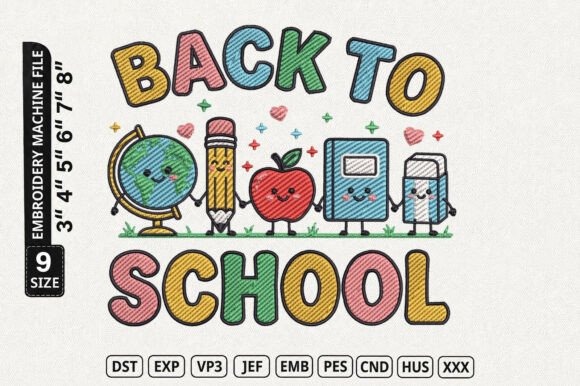 Etsy embroidery files for machine embroidery projects featuring colorful back to school motifs including globe, pencil
