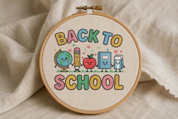 Etsy embroidery files for machine embroidery projects featuring colorful back to school motifs including globe, pencil