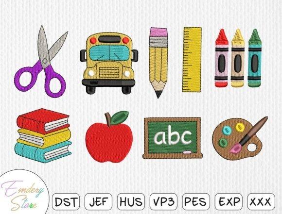 Kids embroidery designs featuring scissors, school bus, pencil, ruler, crayons, books, apple, chalkboard, and artist palette