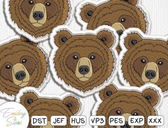 machine embroidery patch designs featuring brown bear faces with layered fur stitching and defined borders