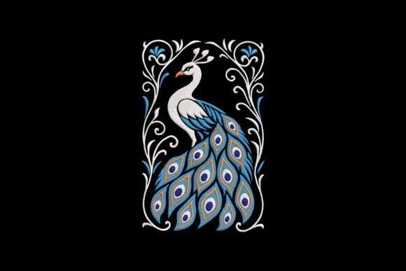 Peacock embroidery design with blue and white feathers and decorative floral accents on black fabric