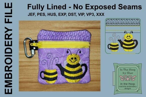 4x4 machine embroidery projects bee teapot mini zipper bag with yellow zipper and purple fabric