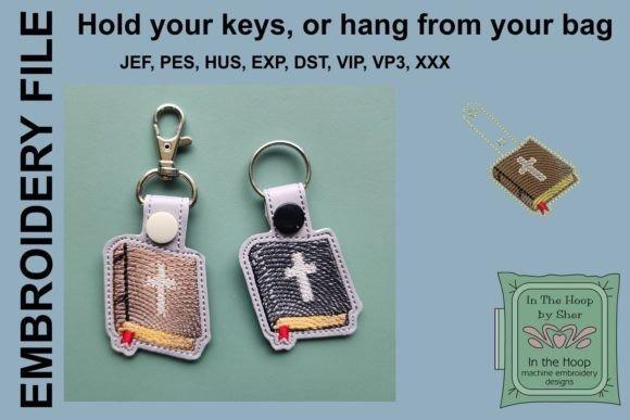 Bible Key Fob small 4x4 machine embroidery projects with book-shaped religious motifs and cross designs