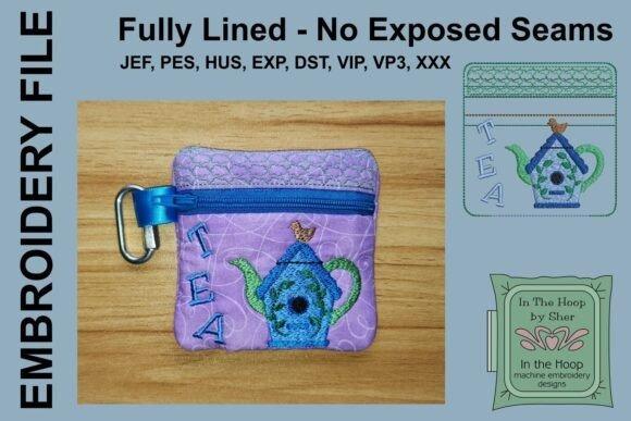 4x4 machine embroidery projects small zipper pouch with birdhouse teapot design on purple fabric