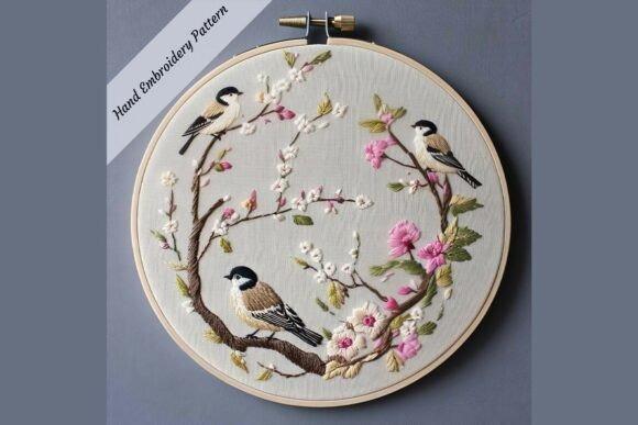 Hand embroidery designs featuring three birds among pink and white blossoming branches in a round hoop
