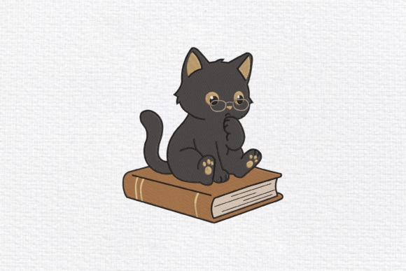 Black cat wearing glasses sitting thoughtfully on a closed book Etsy embroidery files for machine embroidery projects