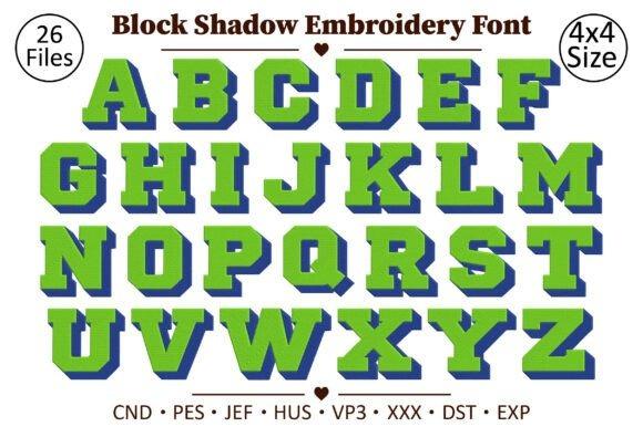 Block Shadow Machine embroidery alphabet designs with bold uppercase letters A to Z in blue and green shadow