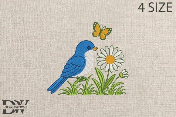 Bluebird embroidery design with butterfly and daisy flower in bird embroidery designs