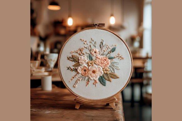 Hand embroidery designs featuring a soft floral bouquet in a round hoop with pastel thread colors