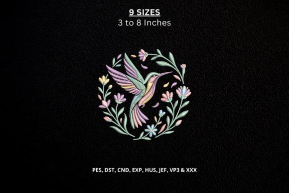 Hummingbird embroidery design in flight surrounded by flowers and leaves in pastel colors