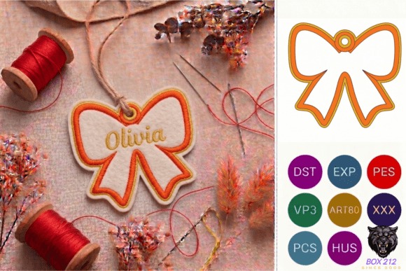 Etsy embroidery files for machine embroidery projects featuring a bow-shaped bag tag with the name Olivia embroidered in
