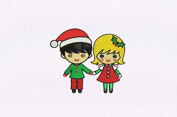 kids embroidery designs of a boy in a Santa hat and a girl with holly in her hair holding hands