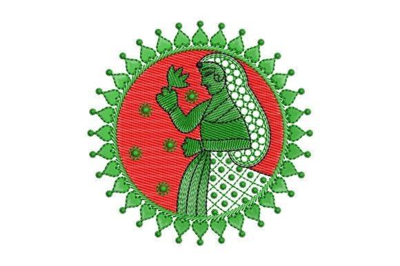 Symmetrical circular wedding dress embroidery motif with green and red colors featuring a woman holding flowers