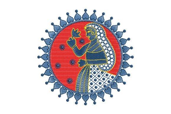 Symmetrical circular bridal mandala embroidery with a blue and white bride figure on a red — wedding dress embroidery