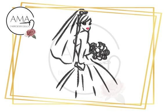 Bride silhouette embroidery design on wedding veil with bouquet and veil details — wedding veil embroidery
