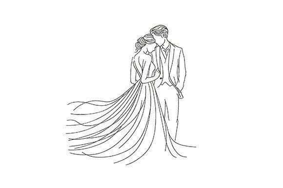 Fine-line sketch of bride and groom wedding embroidery designs for bridal gifts with flowing gown and suit