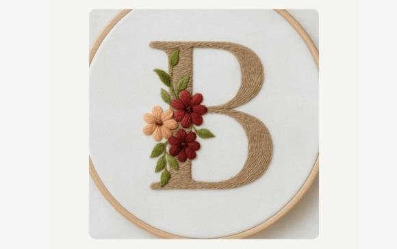 Fall embroidery patterns featuring a beige letter B with red and peach flowers and green leaves embroidered on white fabric