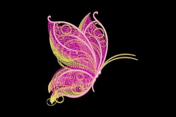 Butterfly Embroidery design in pink and yellow thread with intricate swirls and details on black background