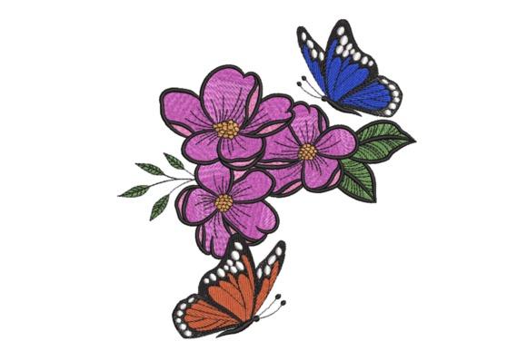 Butterfly embroidery with blue and orange butterflies around pink flowers