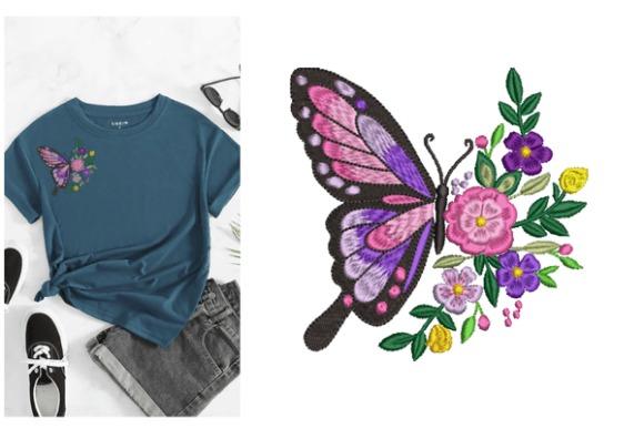 Butterfly embroidery with floral design on a blue t-shirt and a close-up of the butterfly and flowers embroidery
