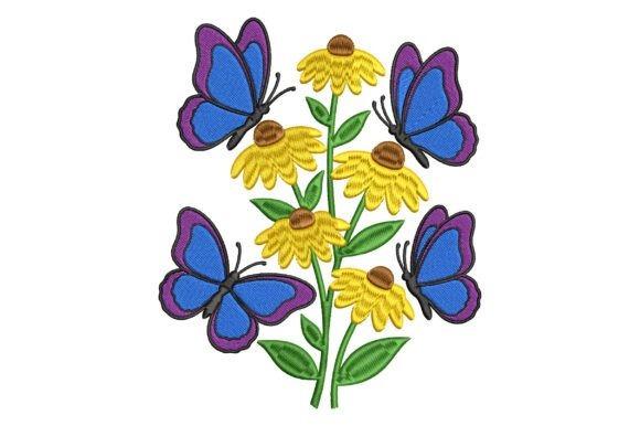 Butterfly Embroidery design with four blue and purple butterflies around yellow flowers