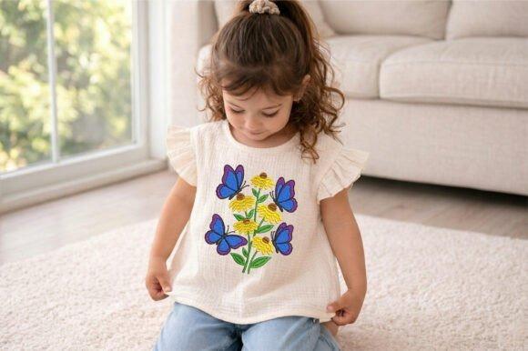 Child wearing a top with butterfly embroidery around yellow flowers
