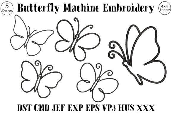 Minimalist butterfly embroidery designs with flowing wings and curved antennae in black line art