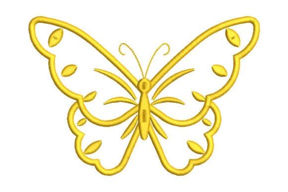 Yellow butterfly embroidery design with appliqué style wings and decorative leaf details