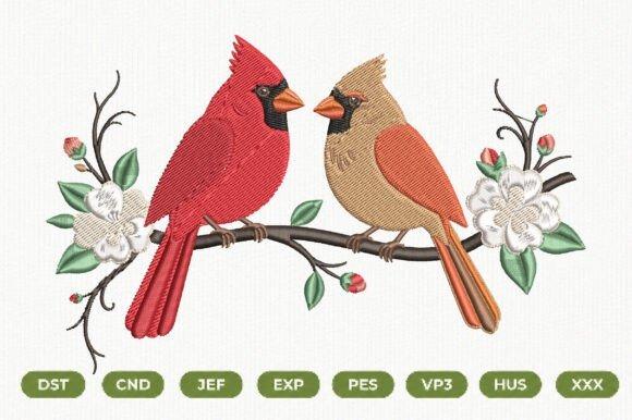 Pair of cardinal birds embroidered on a branch with leaves and flowers in bird embroidery designs